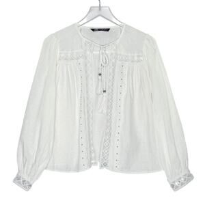 Zara Open Front Boho Peasant Top S White Lace Embroidered Panel Detail